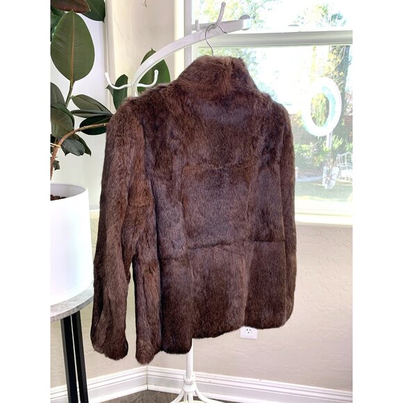Genuine Vintage Rabbit Fur Brown Size S 6 Stand Collar Satin Lined Pockets 7019 - Picture 4 of 8